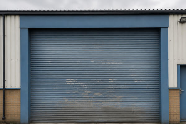 Commercial roller shutter door before professional painting in Hatfield