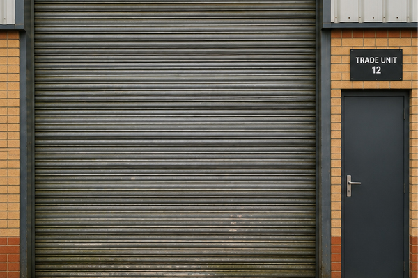Trade unit roller shutter door before painting in Hatfield