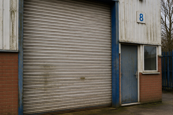 Commercial property before shutter door refurbishment in Winslow